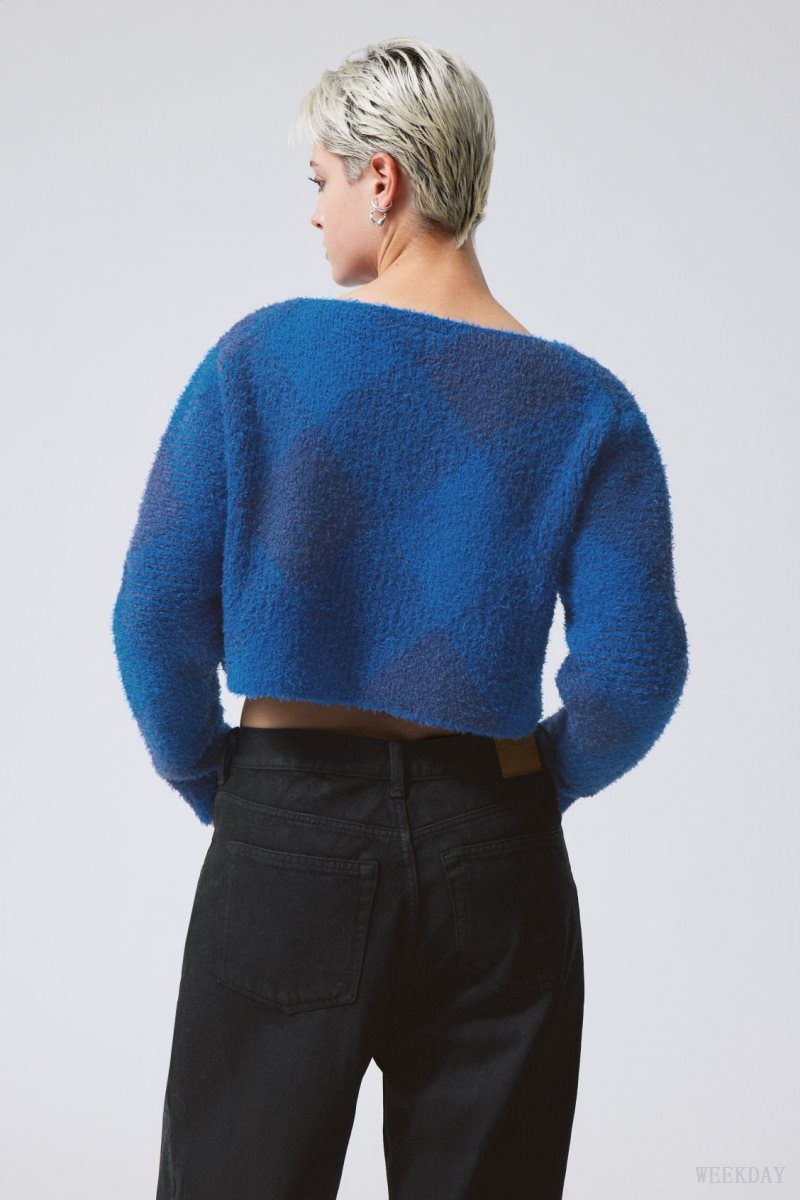 Weekday Hera Check Hairy Sweater Blue | NTOW1739