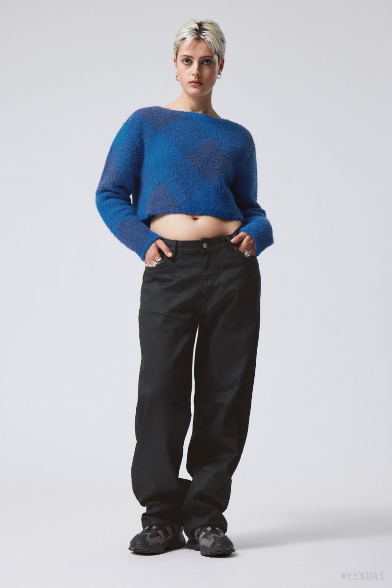 Weekday Hera Check Hairy Sweater Blue | NTOW1739