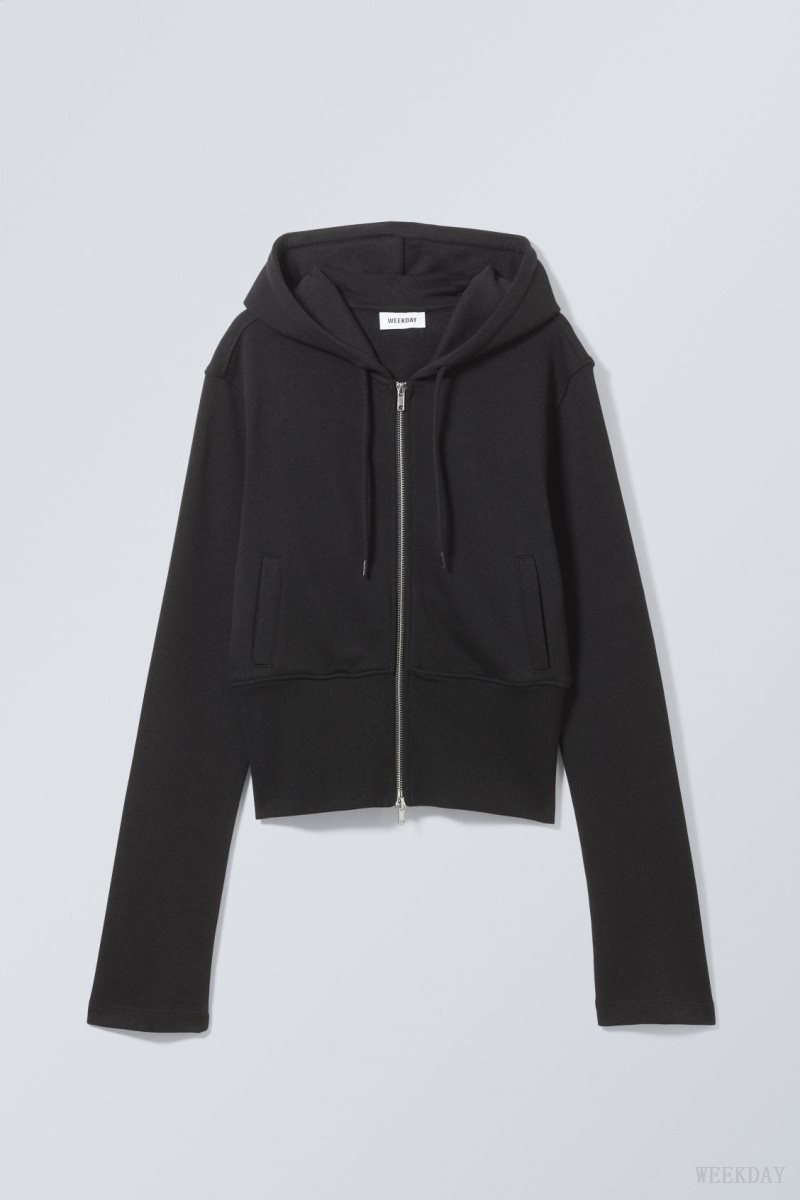 Weekday High Rib Mini Zip Hoodie Black | MWCD9064