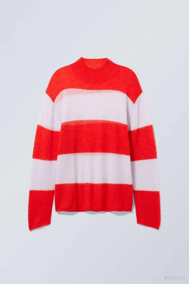 Weekday Holger Regular Wool Mockneck Red Stripes | QUAZ8012