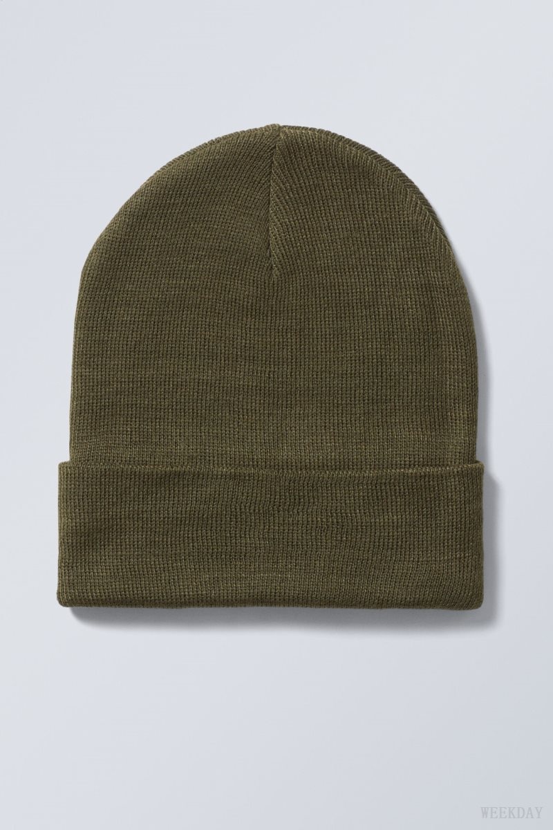 Weekday Ivy Knit Beanie Dark Khaki Green | KNRM9472