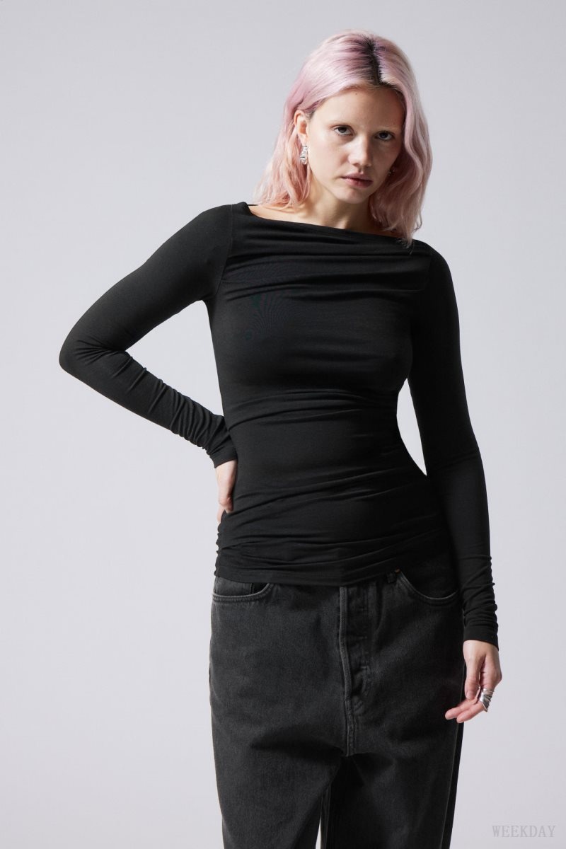 Weekday Jwan Drape Longsleeve Top Black | SXGT0200