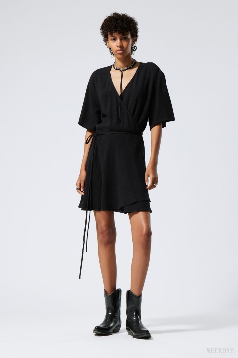 Weekday Kimberly Linen Mix Dress Black | RBVN6101