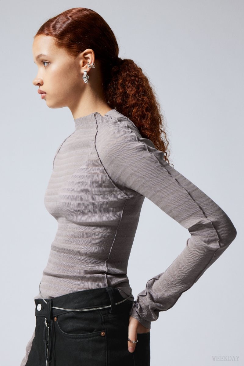 Weekday Laura Long Sleeve Pleated Top Light Grey | EUJJ3089