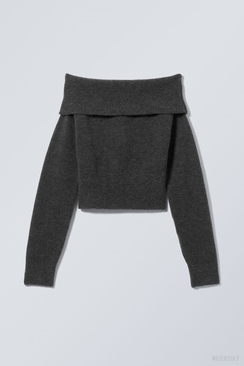 Weekday Lolo Off Shoulder Sweater Dark Grey | JTTW3477