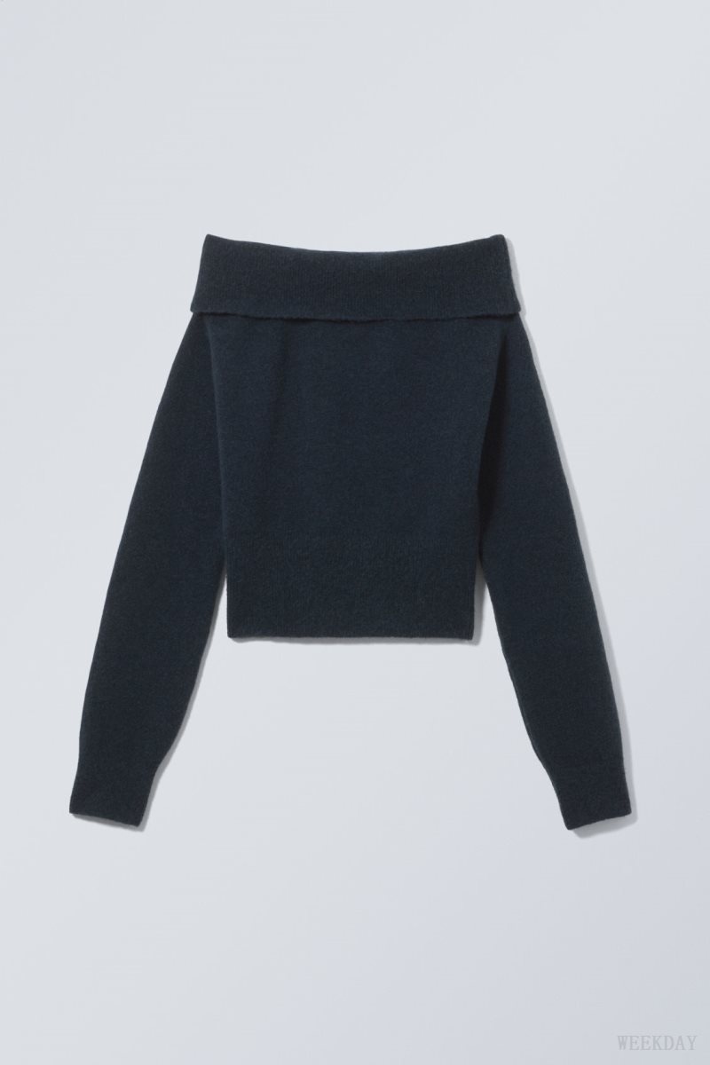 Weekday Lolo Off Shoulder Sweater Navy | WVNB3917