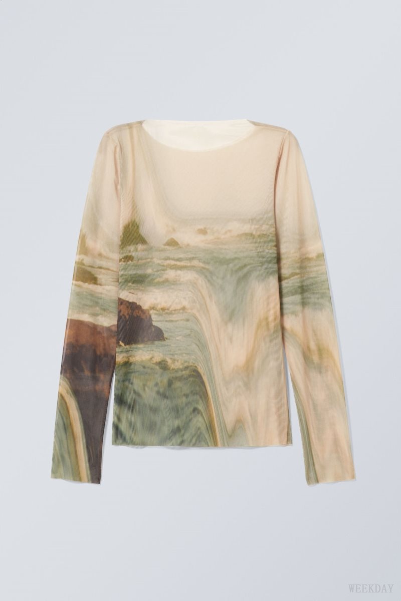 Weekday Long Sleeve Printed Mesh Top Blurred Landscape | VTND0036