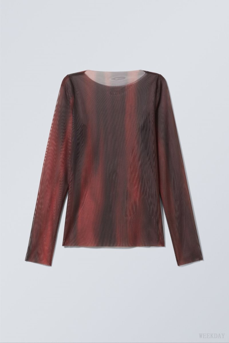 Weekday Long Sleeve Printed Mesh Top Red | FDTI5797