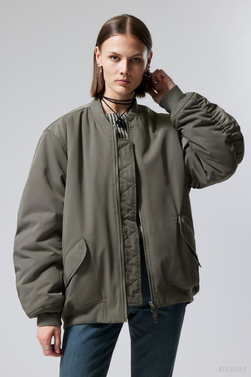 Weekday Lui Oversized Bomber Jacket Khaki Green | EBTU3714