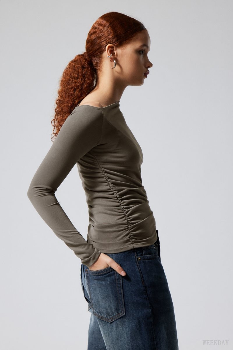 Weekday Main Asymmetric Long Sleeve Dark Khaki | SPSH9280