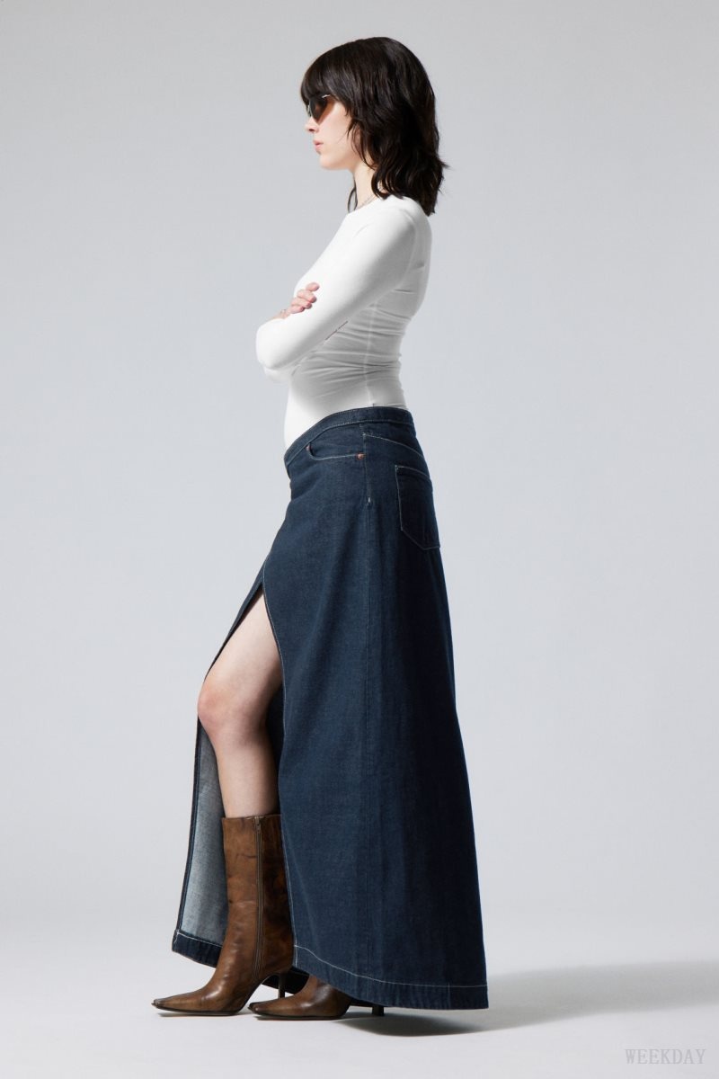 Weekday Main Denim Long Wrap Skirt Blue | BKCU2457