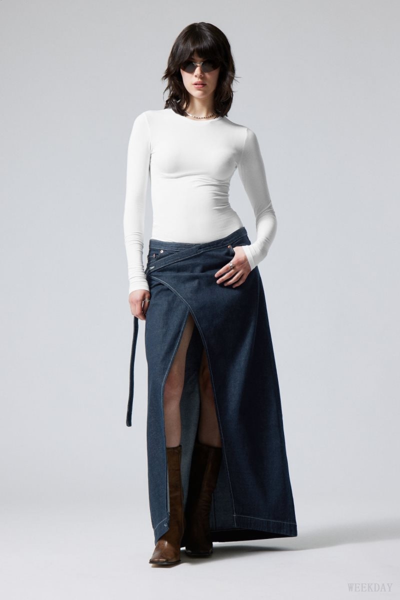 Weekday Main Denim Long Wrap Skirt Blue | BKCU2457