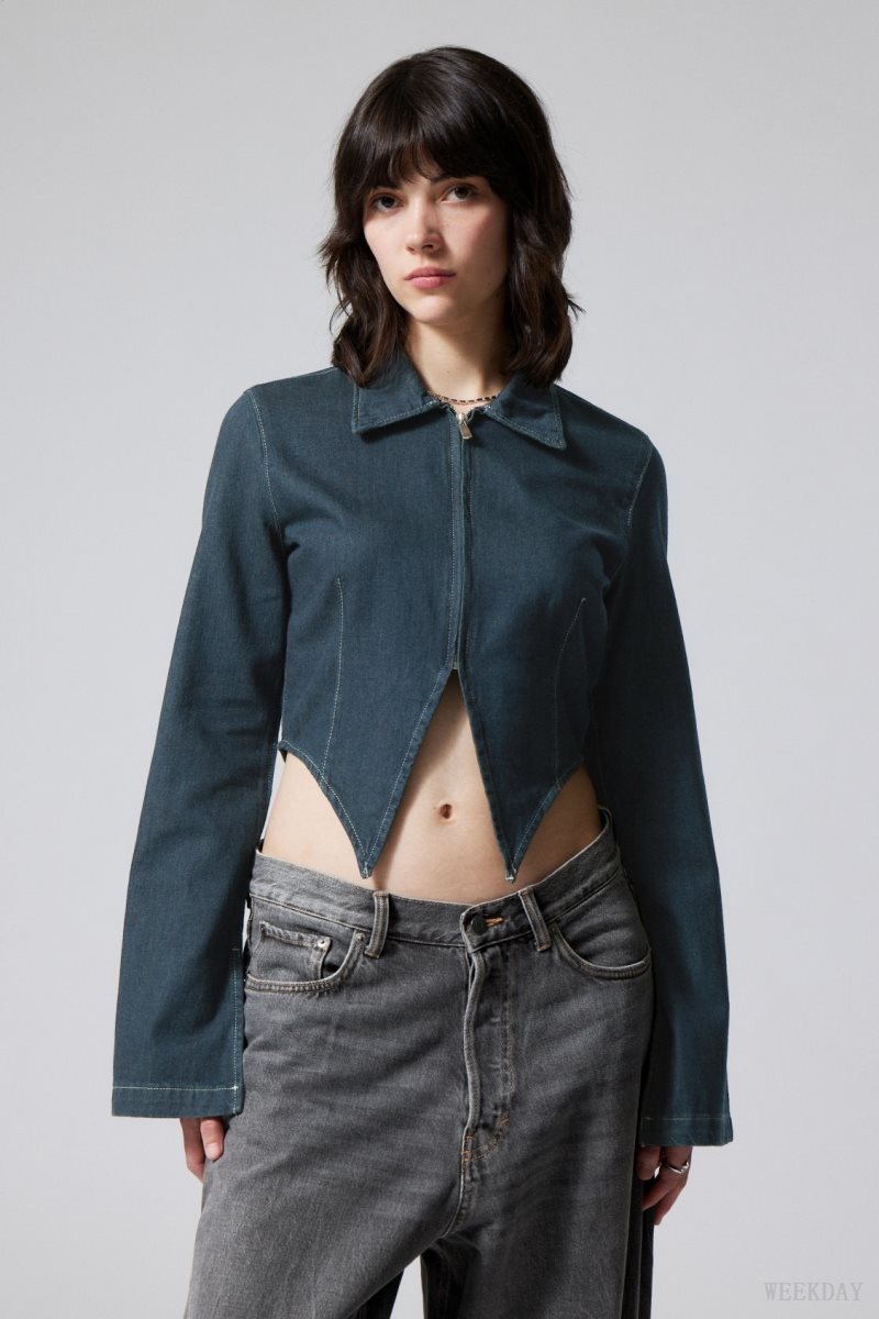 Weekday Main Denim Split Front Zip Shirt Blue | ZLSZ6328