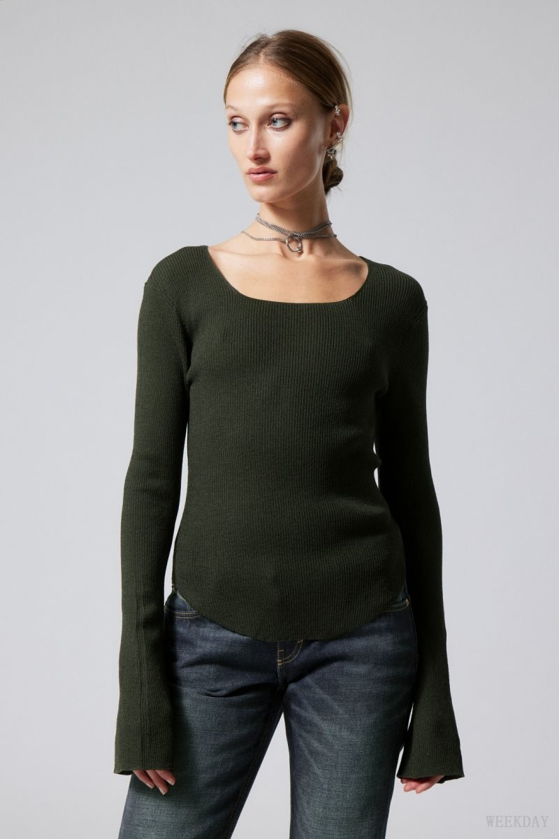 Weekday Nadina Square Neck Sweater Dark Green | OAZR3230