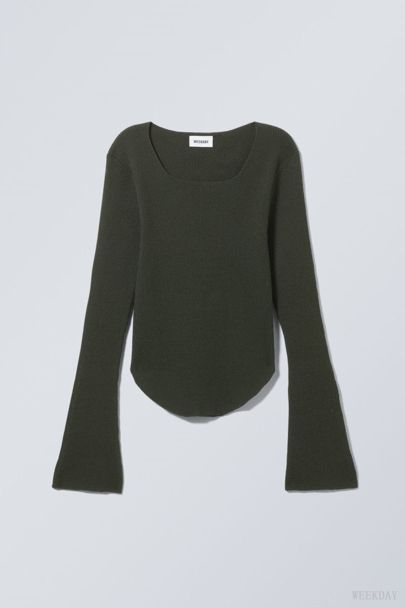 Weekday Nadina Square Neck Sweater Dark Green | OAZR3230