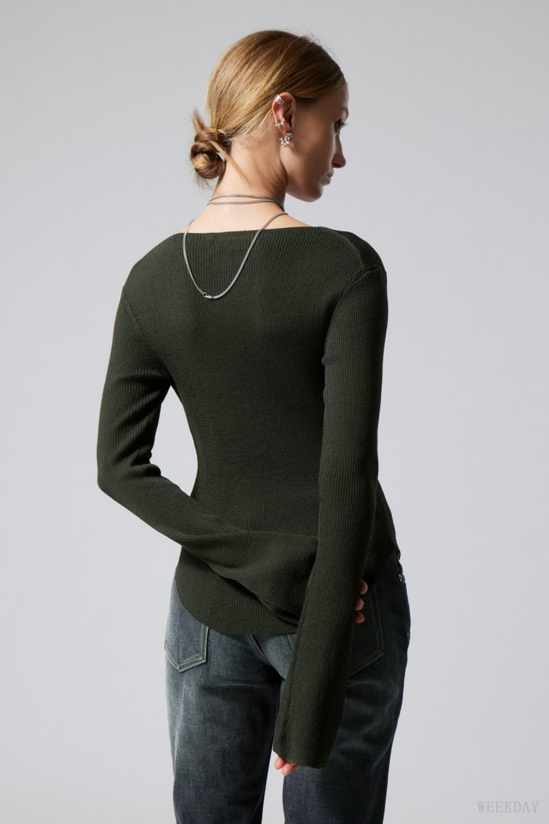 Weekday Nadina Square Neck Sweater Dark Green | OAZR3230