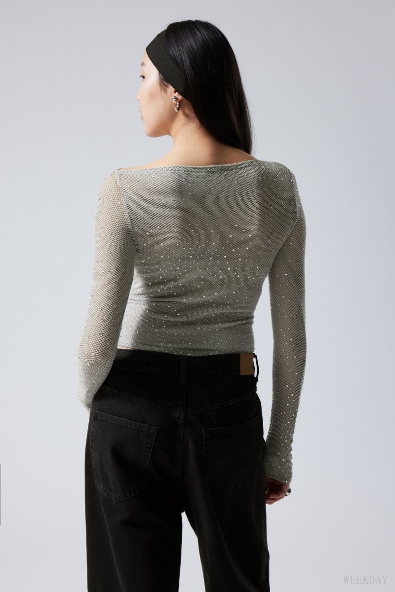 Weekday Net Rhinestone Long Sleeve Top Grey | CLGZ4066