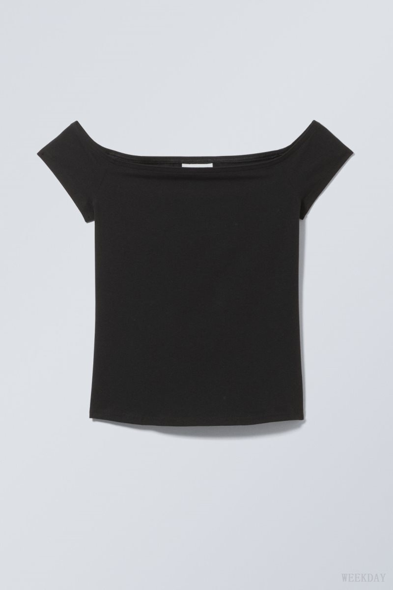 Weekday Off Shoulder T-shirt Black | TIYL8450