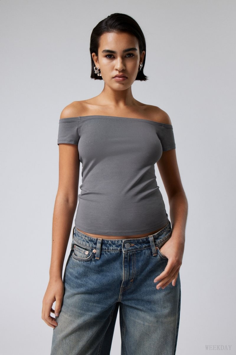 Weekday Off Shoulder T-shirt Dark Grey | NGUU1472