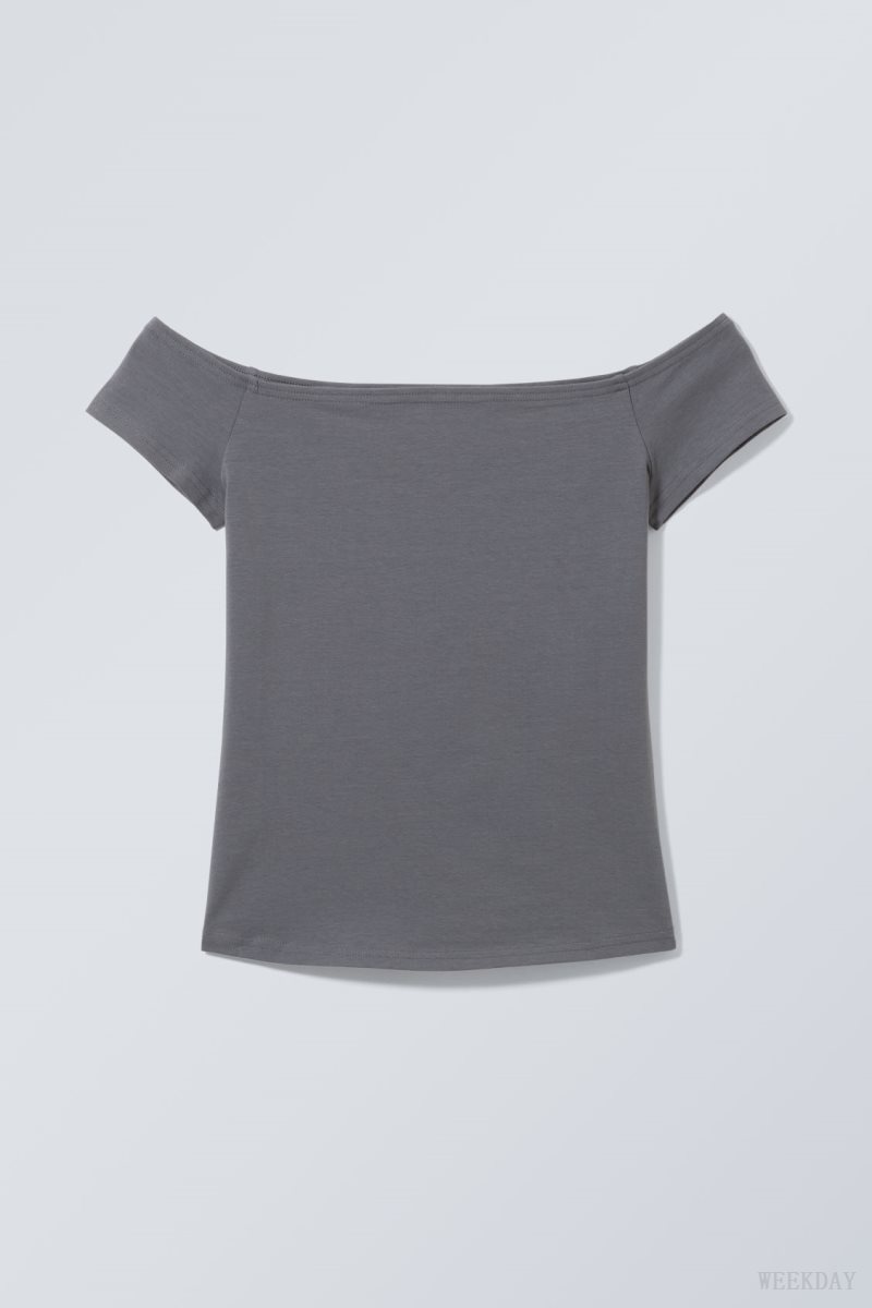 Weekday Off Shoulder T-shirt Dark Grey | NGUU1472