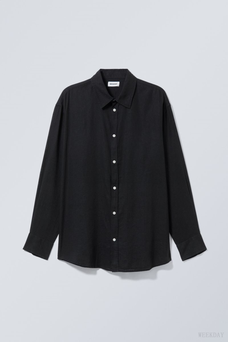 Weekday Oversized Linen Shirt Black | IJSM7520