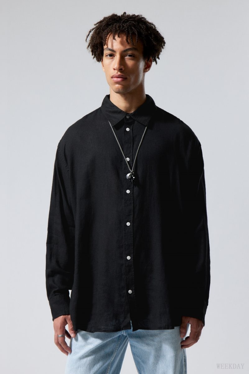 Weekday Oversized Linen Shirt Black | IJSM7520