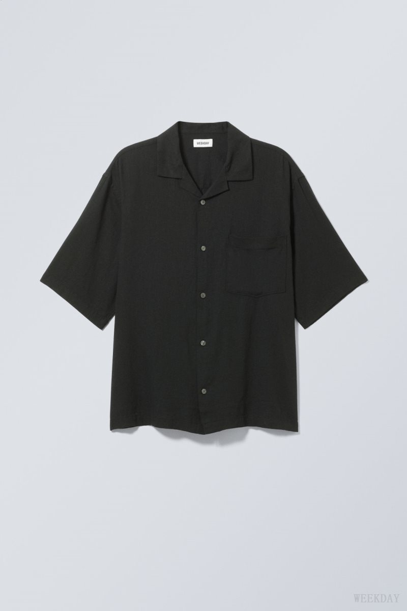 Weekday Oversized Linen Short Sleeve Shirt Black | EMIL4812