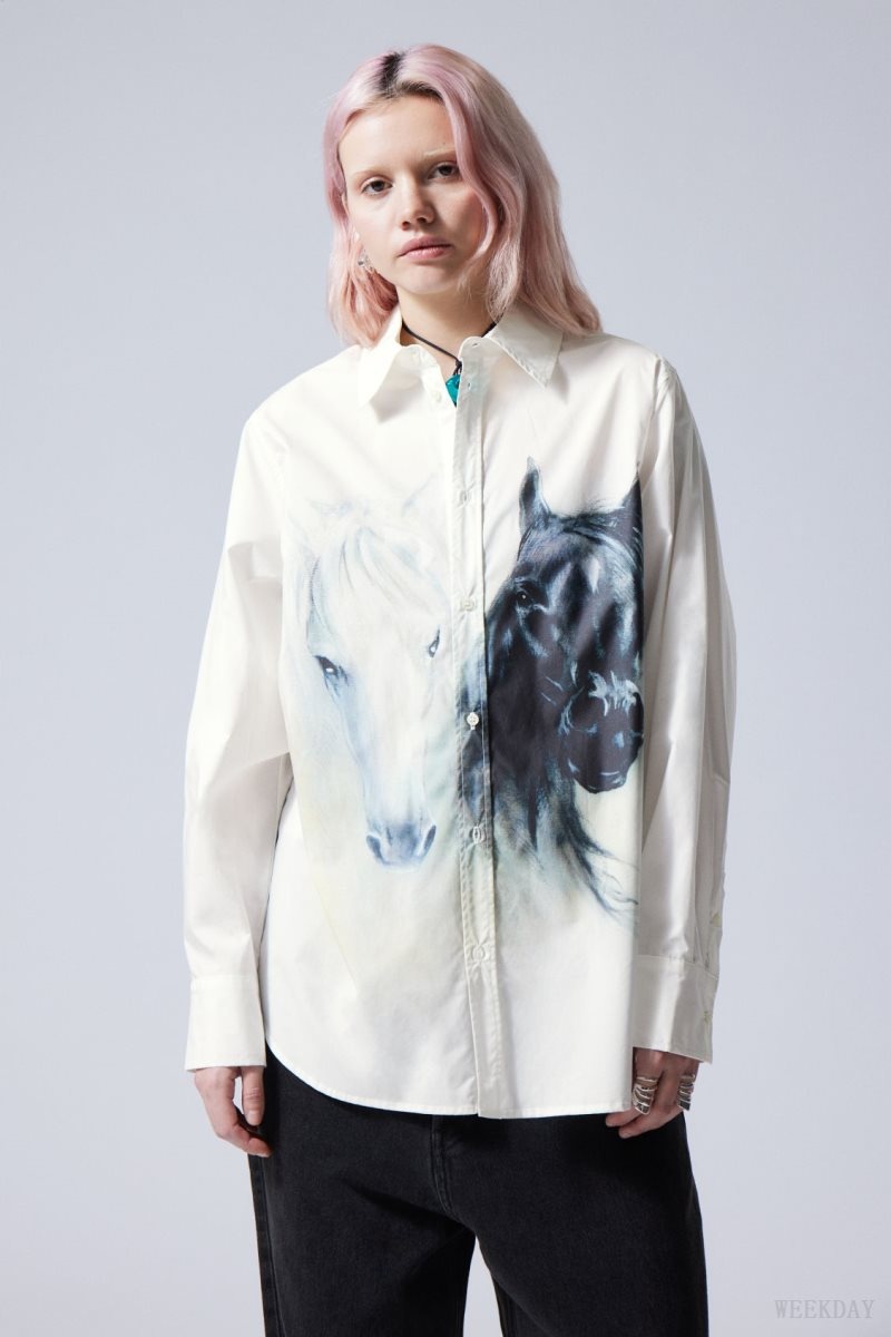 Weekday Oversized Printed Poplin Shirt White / Black | WYWH5345