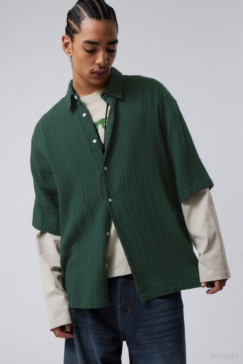 Weekday Oversized Structured Short Sleeve Shirt Dark Green | JYIR7342