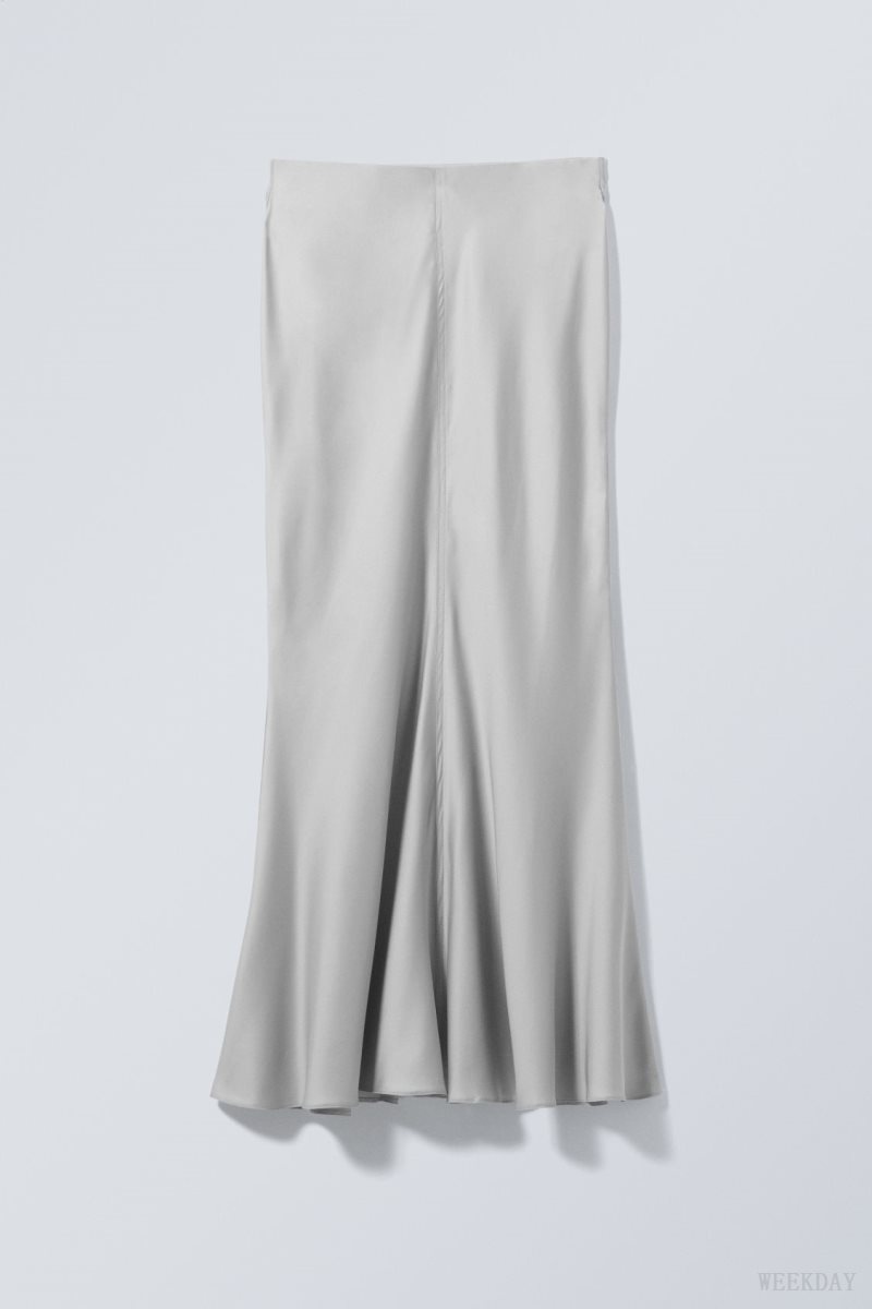 Weekday Paige Satin Long Skirt Light Grey | WCWT2983