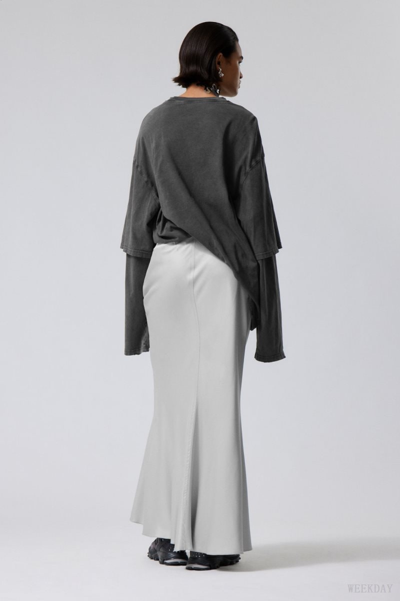 Weekday Paige Satin Long Skirt Light Grey | WCWT2983