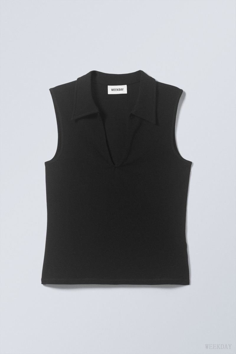 Weekday Phoebe Polo Top Black | GIIW7550