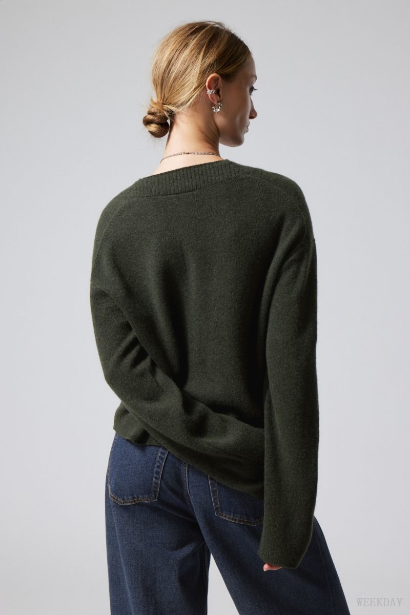 Weekday Reese V-neck Wool Sweater Dark Green | CAFO8733