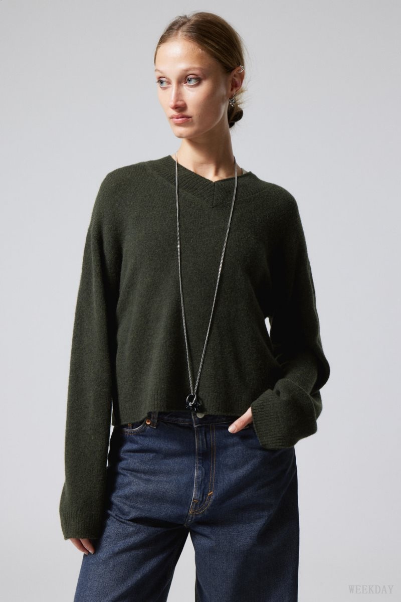 Weekday Reese V-neck Wool Sweater Dark Green | CAFO8733