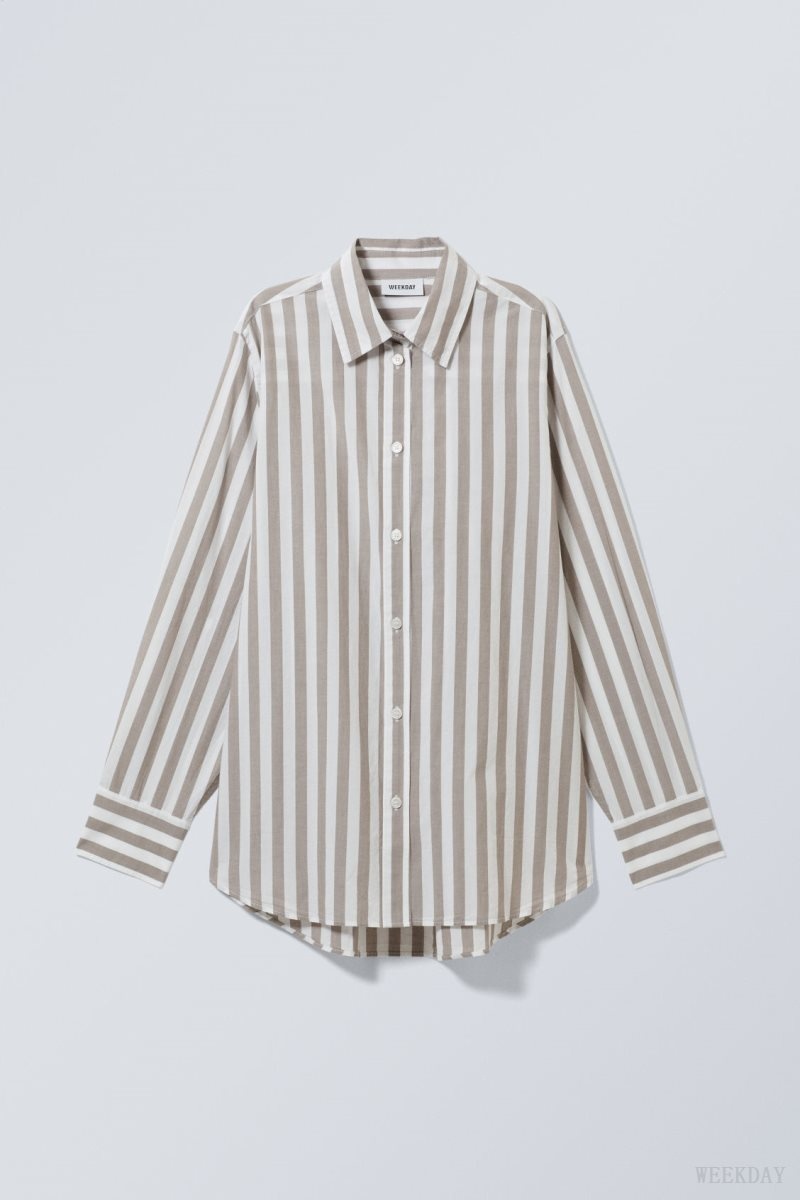 Weekday Regular Cotton Voile Shirt Beige Stripes | ARTH4731