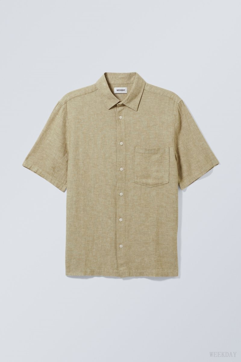 Weekday Relaxed Linen Short Sleeve Shirt Khaki | YLMB7763