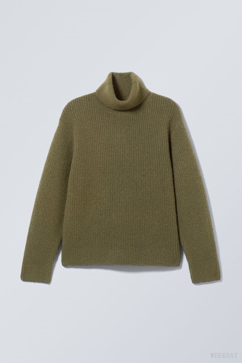 Weekday Renzo Relaxed Wool Blend Turtleneck Khaki Green | DVYU3908