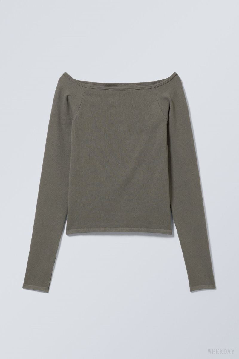 Weekday Seamless Off Shoulder Long Sleeve Khaki | ORXM5330