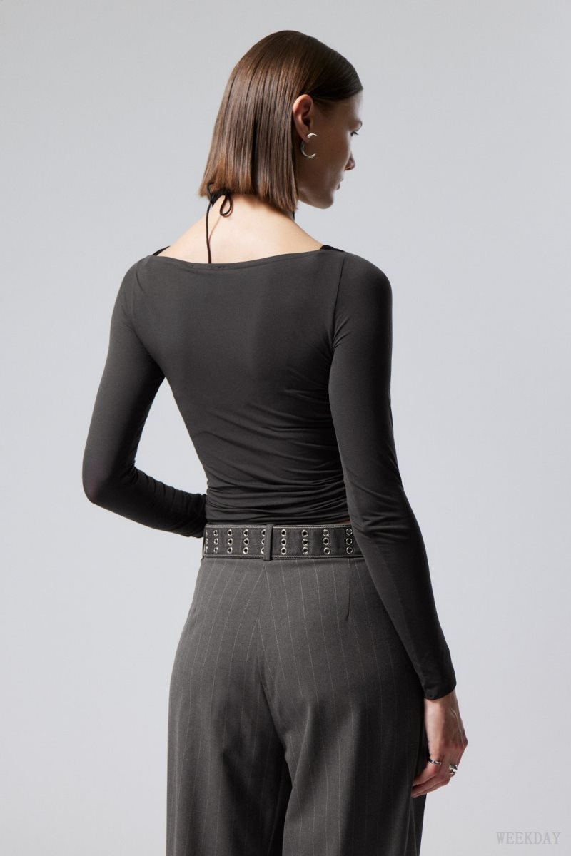 Weekday Sheer Boatneck Long Sleeve Dark Grey | SJQC2054