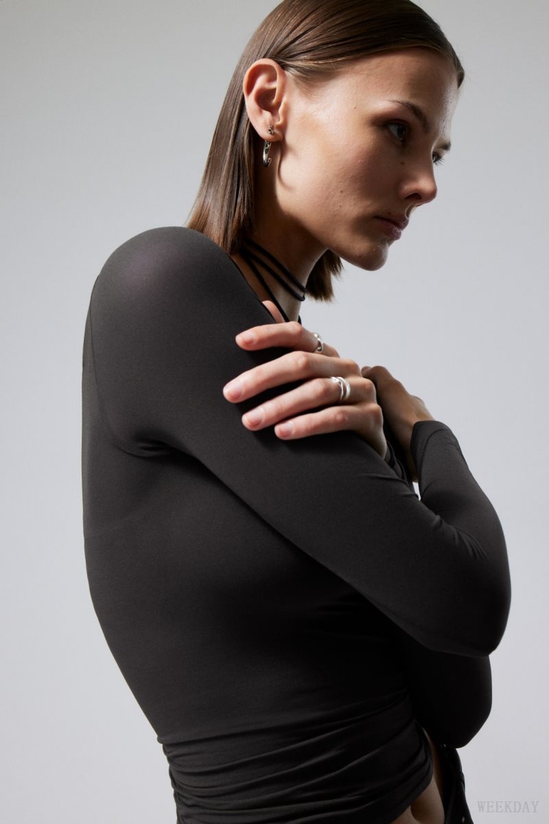 Weekday Sheer Boatneck Long Sleeve Dark Grey | SJQC2054