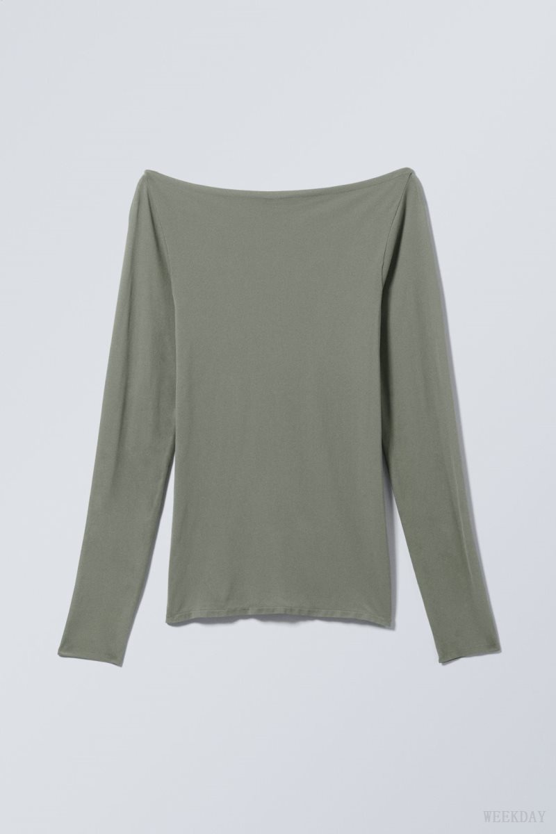 Weekday Sheer Boatneck Long Sleeve Khaki | FZMH8780