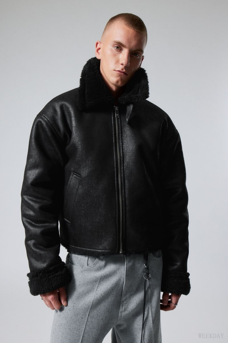 Weekday Sim Shearling Jacket Black | TFDU7528