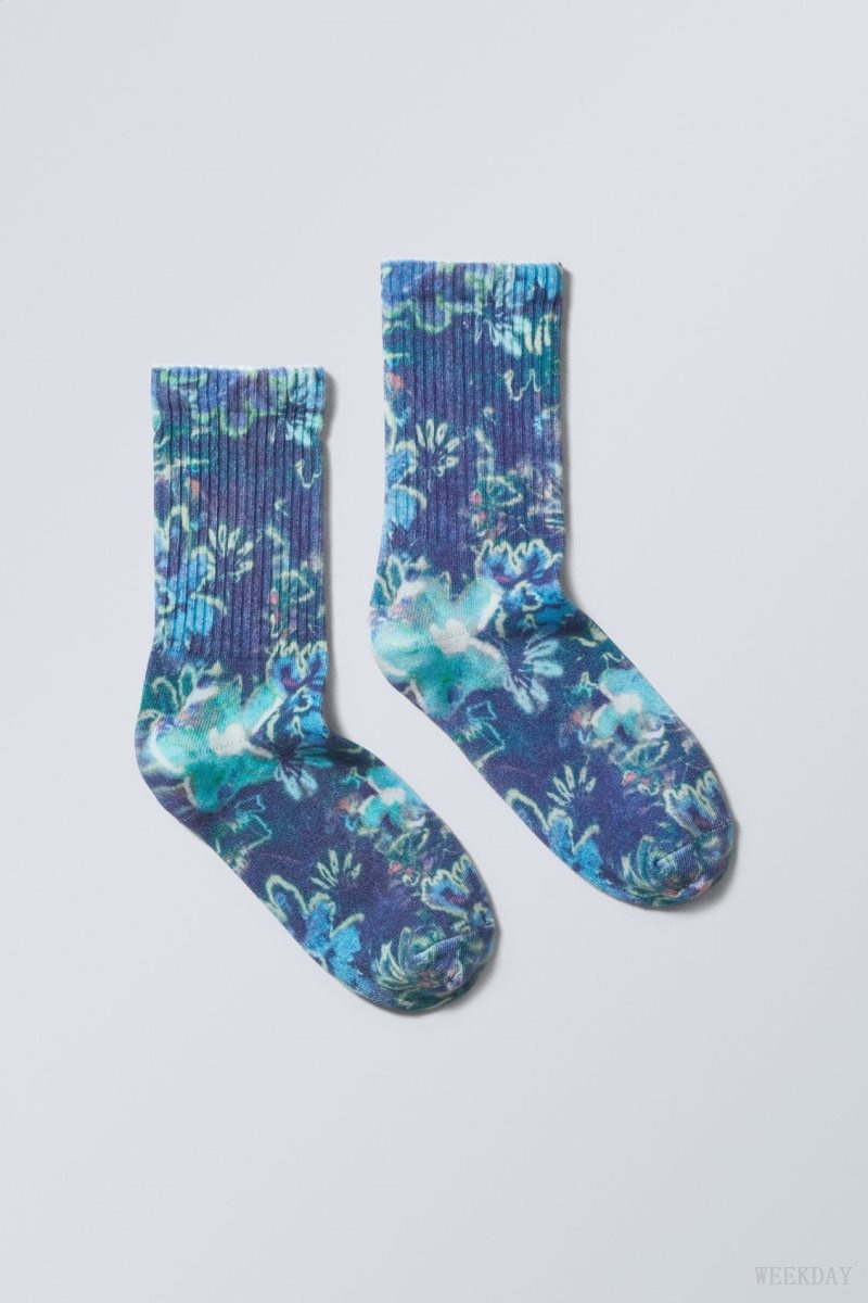 Weekday Sport Printed Socks Blue | ETNU6486