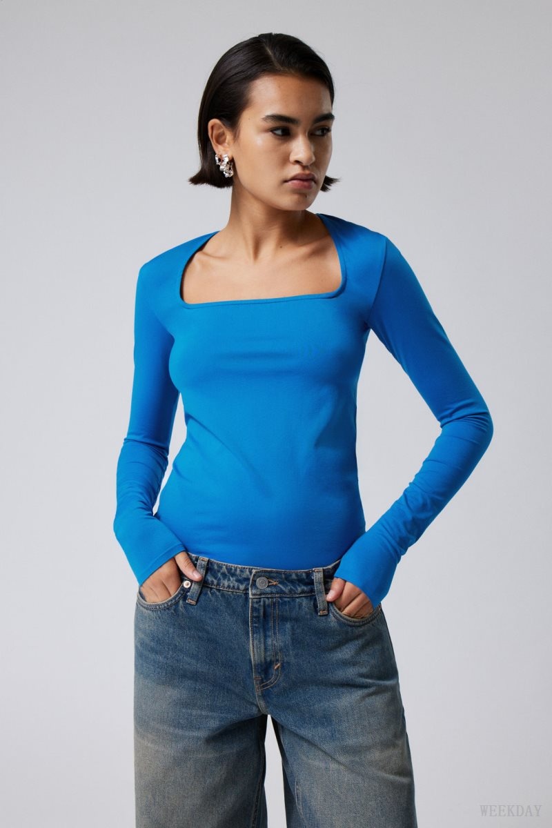 Weekday Square Neck Longsleeve Top Light Blue | DLGN3525