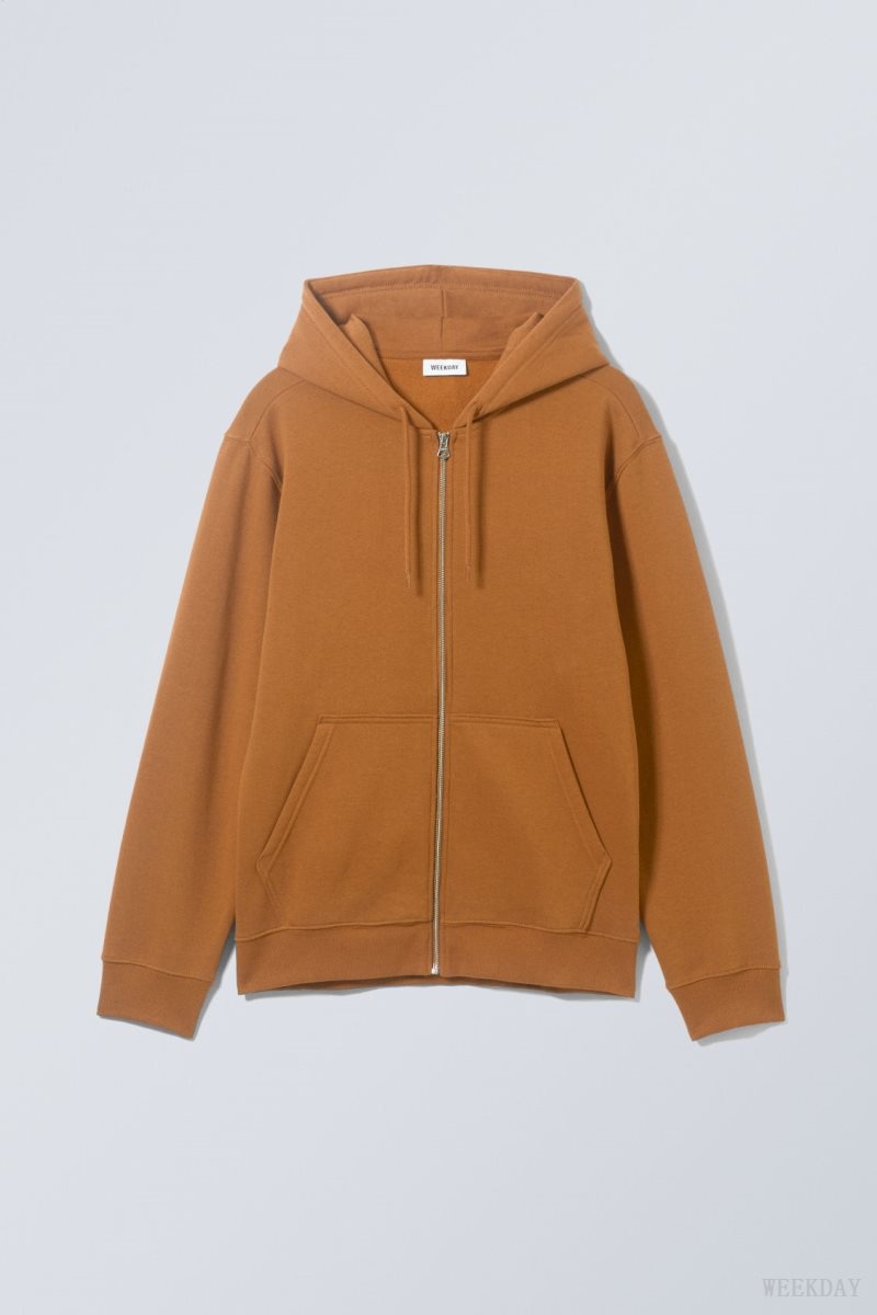 Weekday Standard Midweight Zip Hoodie Brown | MOCX8244