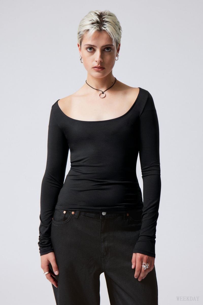 Weekday Tea Scoop Neck Long Sleeve Top Black | FRDV4949