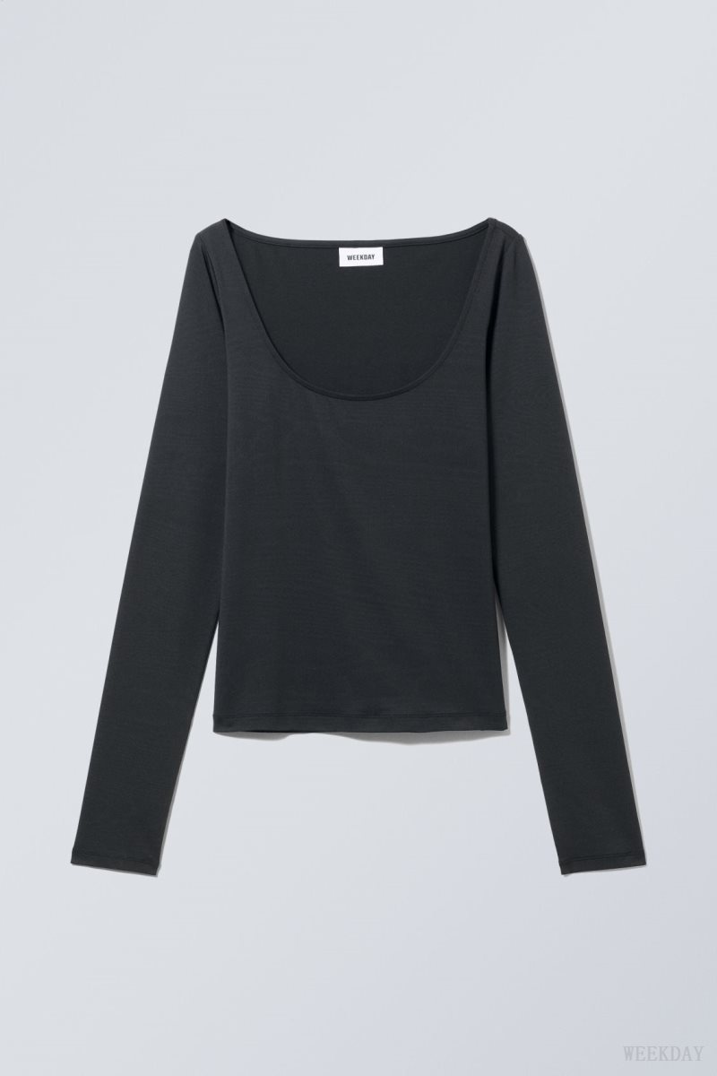 Weekday Tea Scoop Neck Long Sleeve Top Black | FRDV4949