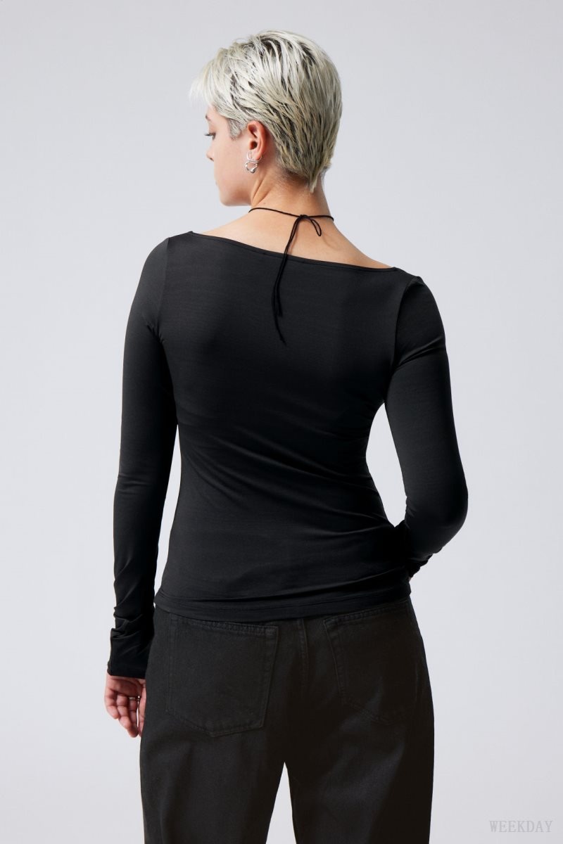 Weekday Tea Scoop Neck Long Sleeve Top Black | FRDV4949