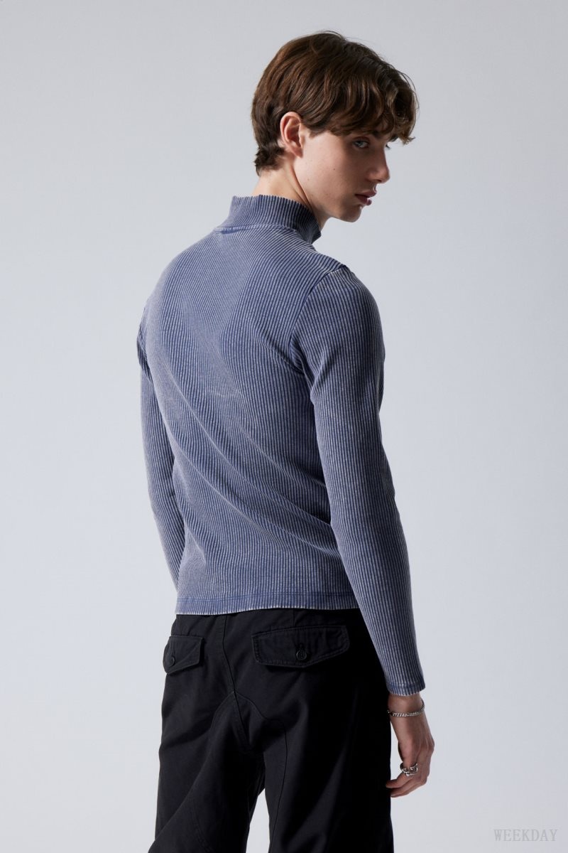 Weekday Toni Two Tone Rib Zip Turtleneck Blue / White | ZIOP4305