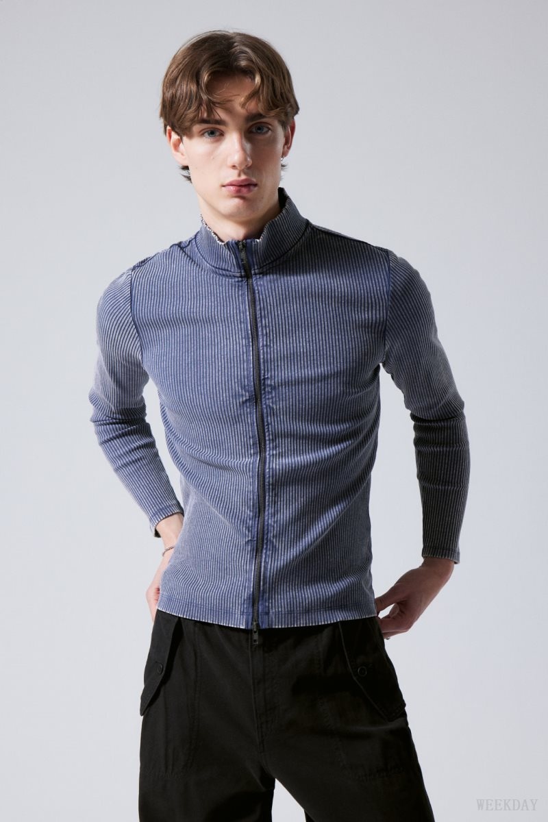 Weekday Toni Two Tone Rib Zip Turtleneck Blue / White | ZIOP4305